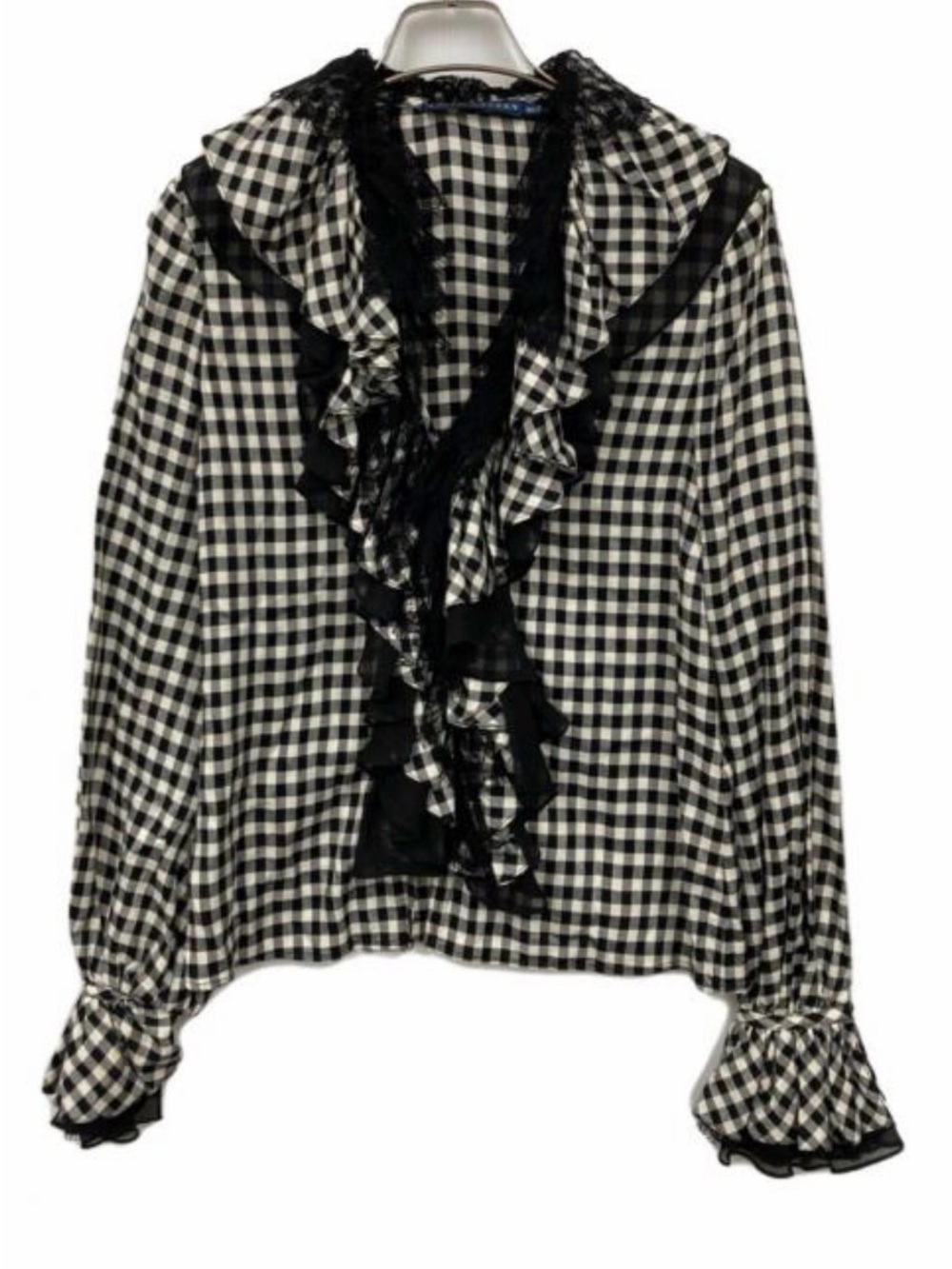 Ralph Lauren Black and White Gingham Lace-Trim Blouse